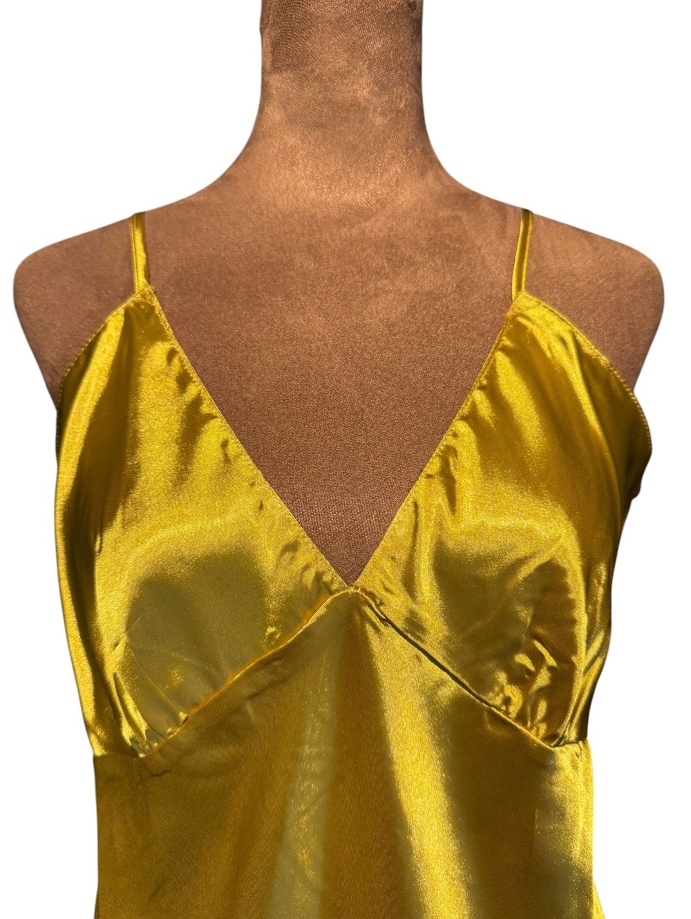 Yellow Satin V-Neck Slip Dress with Adjustable Straps - Picture 4 of 4